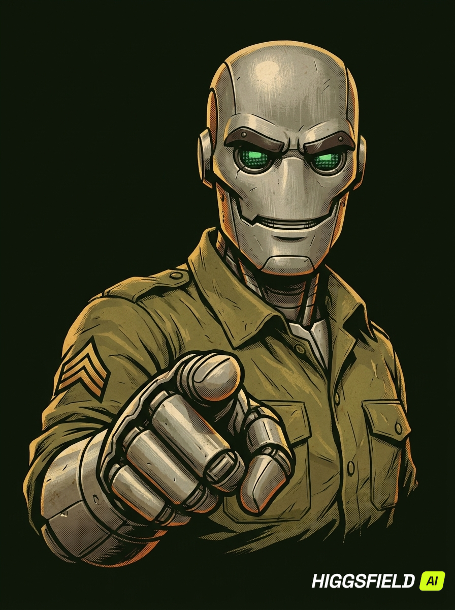 A robot army sergeant pointing directly at you